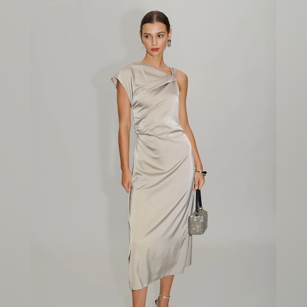 Grey Cowl Sleeve Asymmetrical Satin Midi Dress